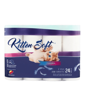 Kitten Soft 2 Ply Virgin 24 Rolls 350 Sheets.